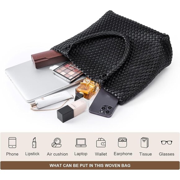 Chic Vegan Leather Woven Tote Bag with Matching Clutch - Large Stylish Accessory - Picture 3 of 6